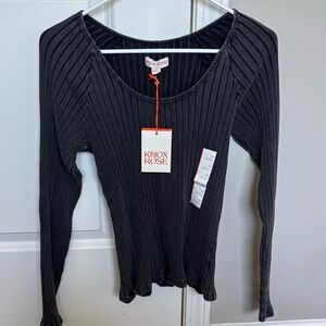 Knox Rose Charcoal Ribbed Long Sleeve Scoop Neck Top